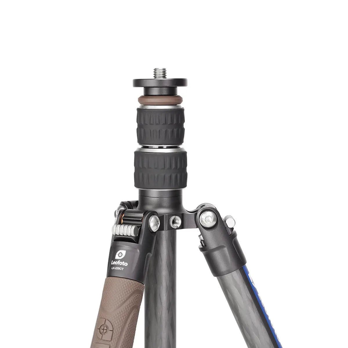 Close-up of a Leofoto tripod with a white background