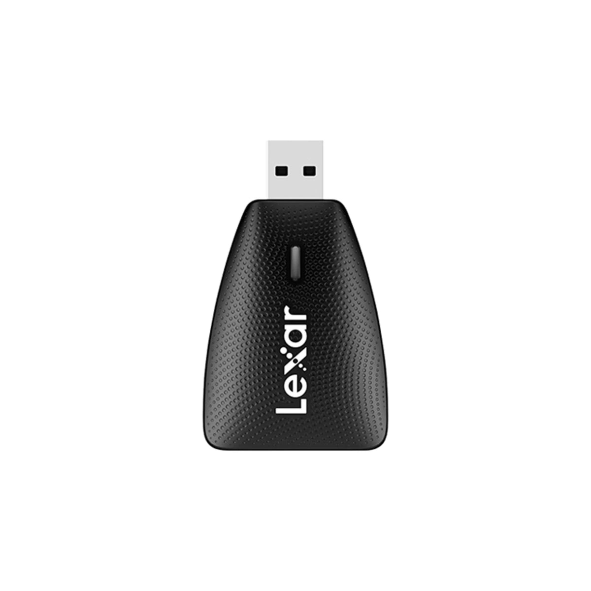 A black textured USB card reader with the Lexar logo printed in white on the front, set against a plain white background.