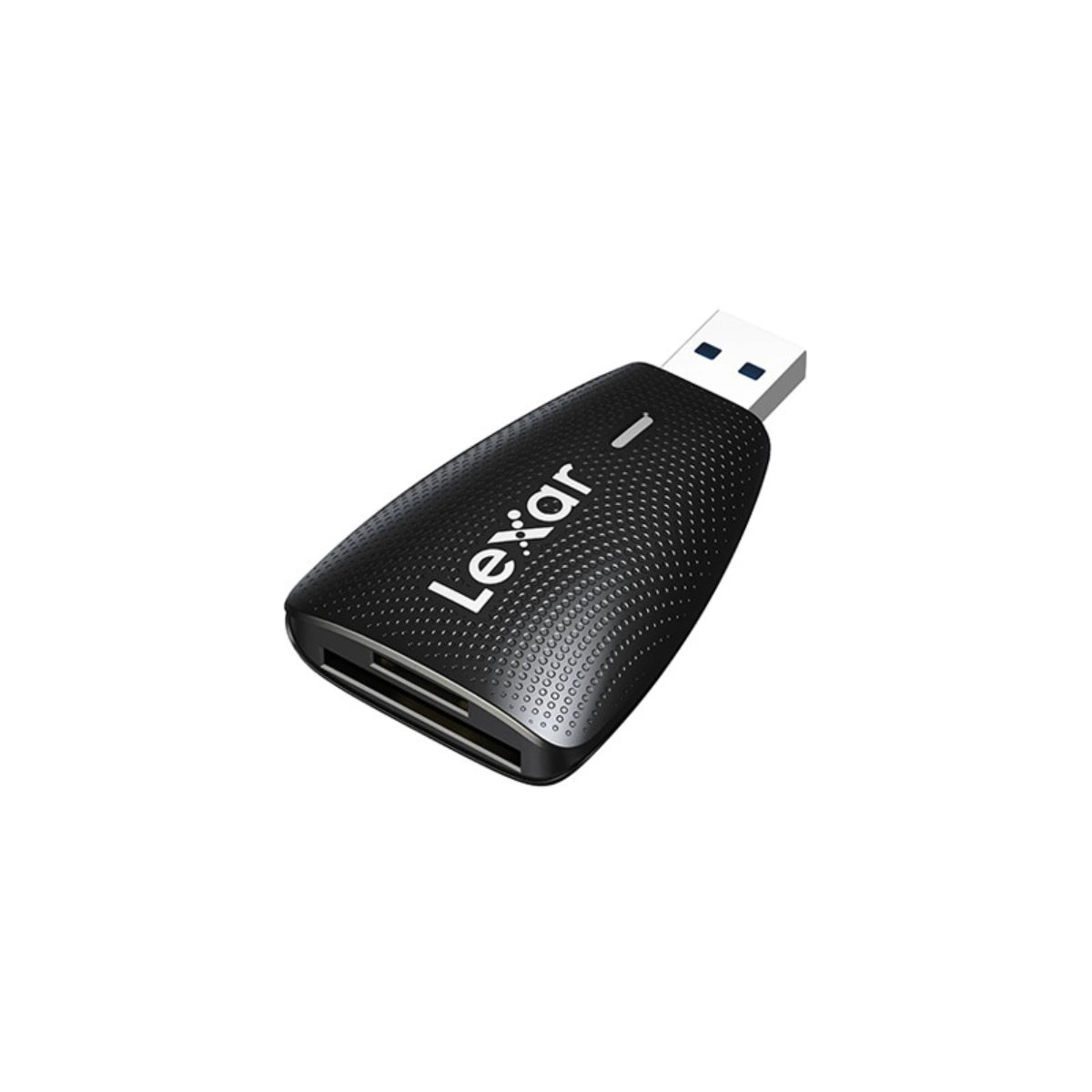 A Lexar USB card reader adapter with a textured black body and a silver USB connector, shown on a plain white background.