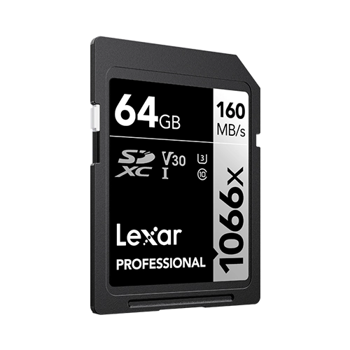 Lexar® Professional 1066x SDXC™ UHS-I Card SILVER Series - 64gb front angle