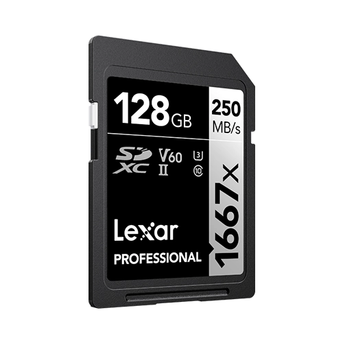 Lexar® Professional 1667x SDXC™ UHS-II Card SILVER Series - 128gb front anfle