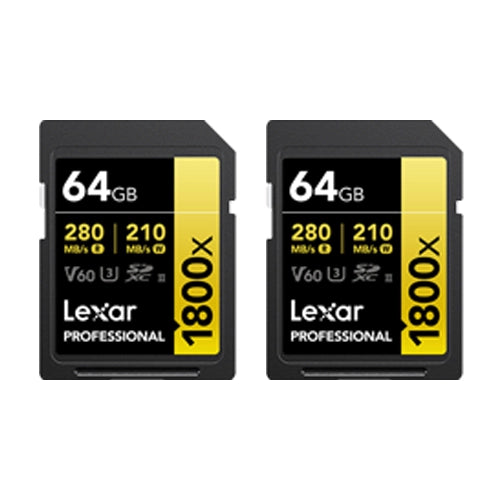 Lexar® Professional 1800x SDXC™ UHS-II Card GOLD Series - 64gb Twin Pack front