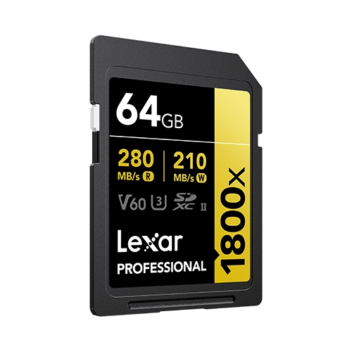 Lexar® Professional 1800x SDXC™ UHS-II Card GOLD Series - 64gb Twin Pack front angle