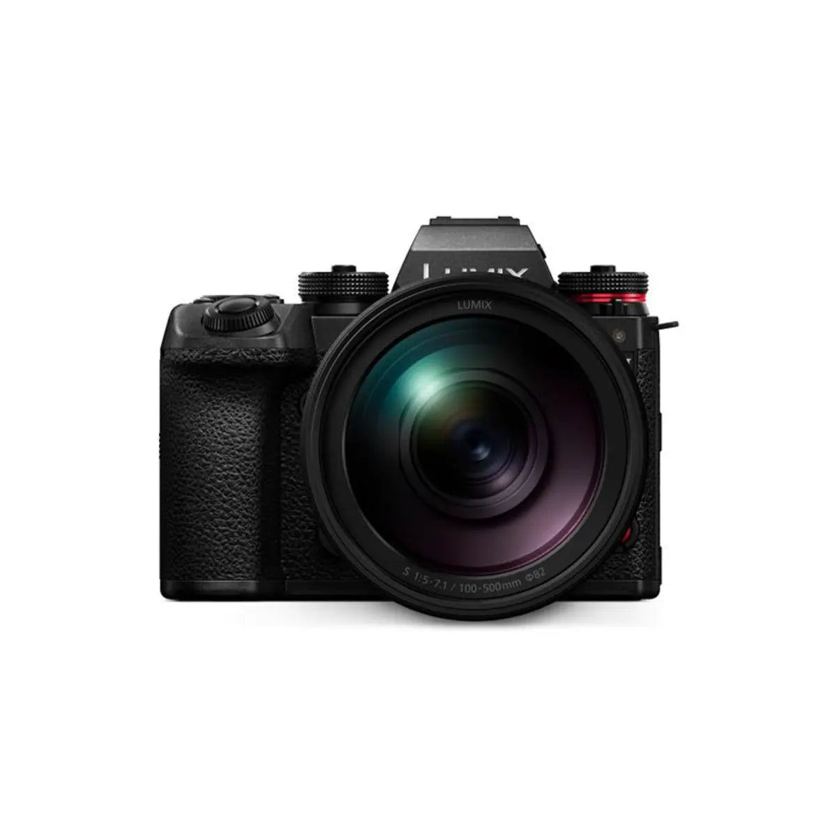 Black camera with large lens on a white background