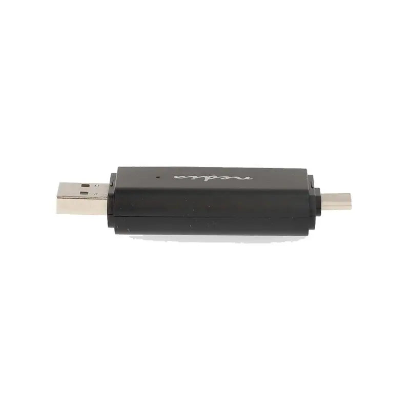 Black USB adapter with dual ports on a white background