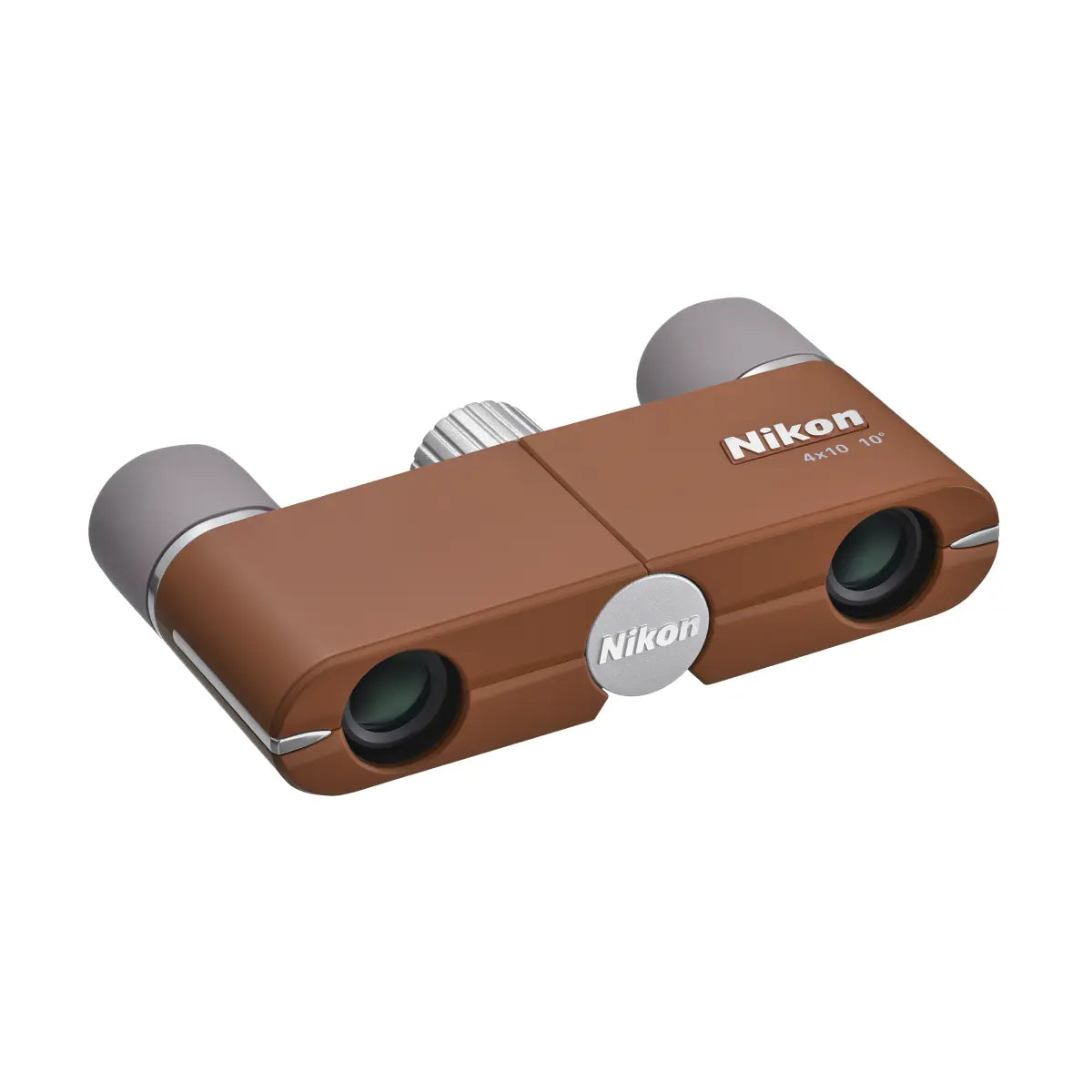 Brown Nikon device with two lenses on a white background