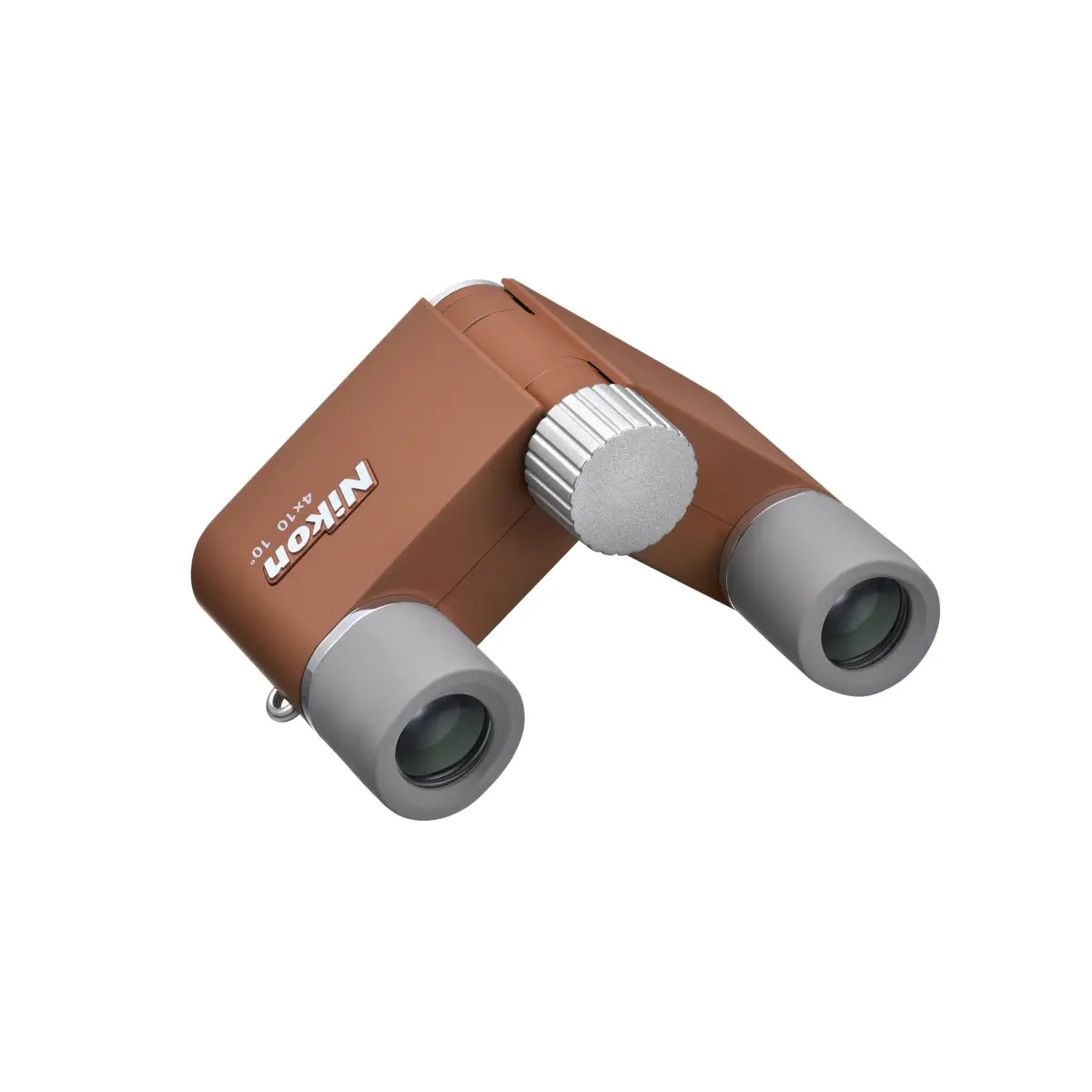 Brown binoculars with silver accents on a white background