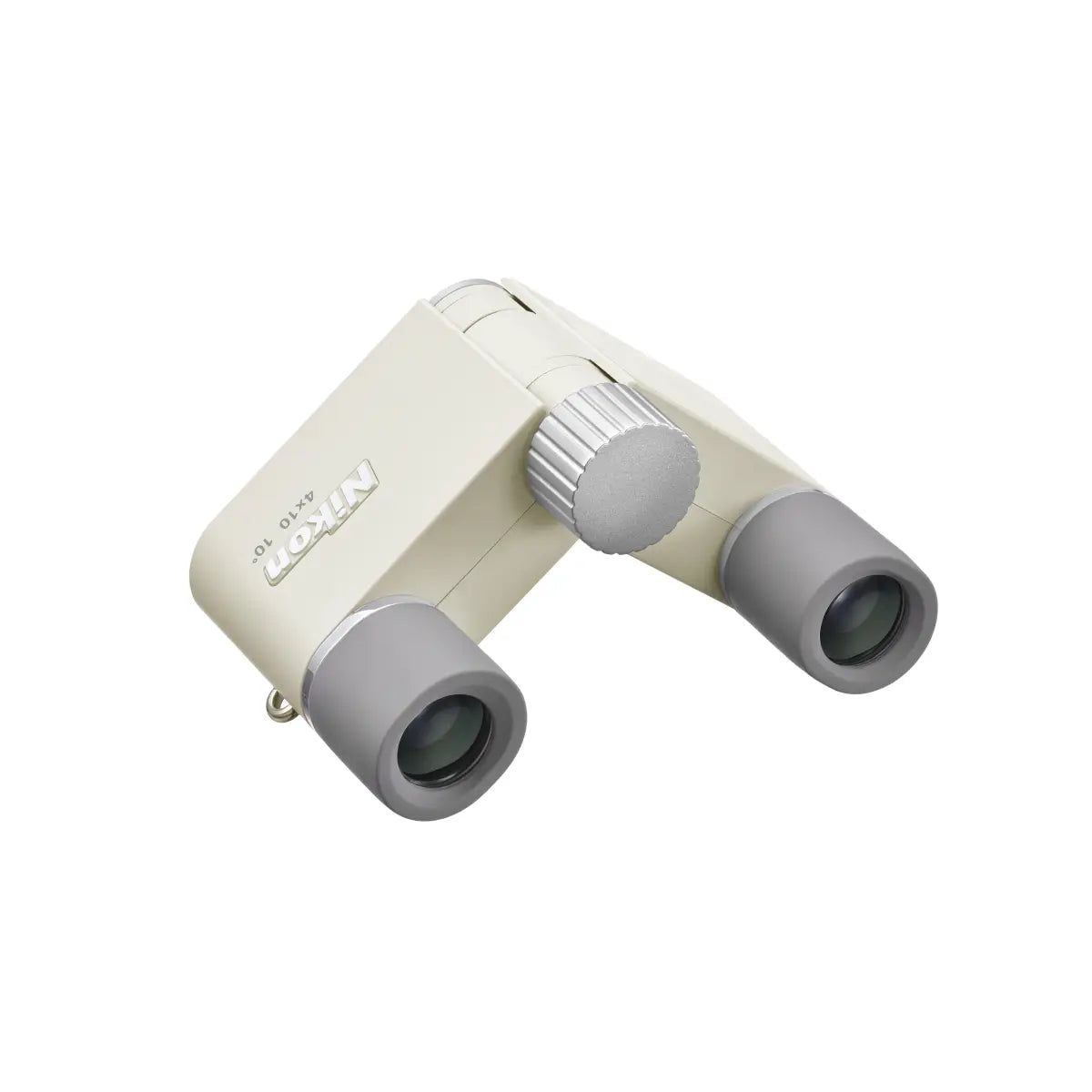 Pair of binoculars with a white body and gray lenses on a white background