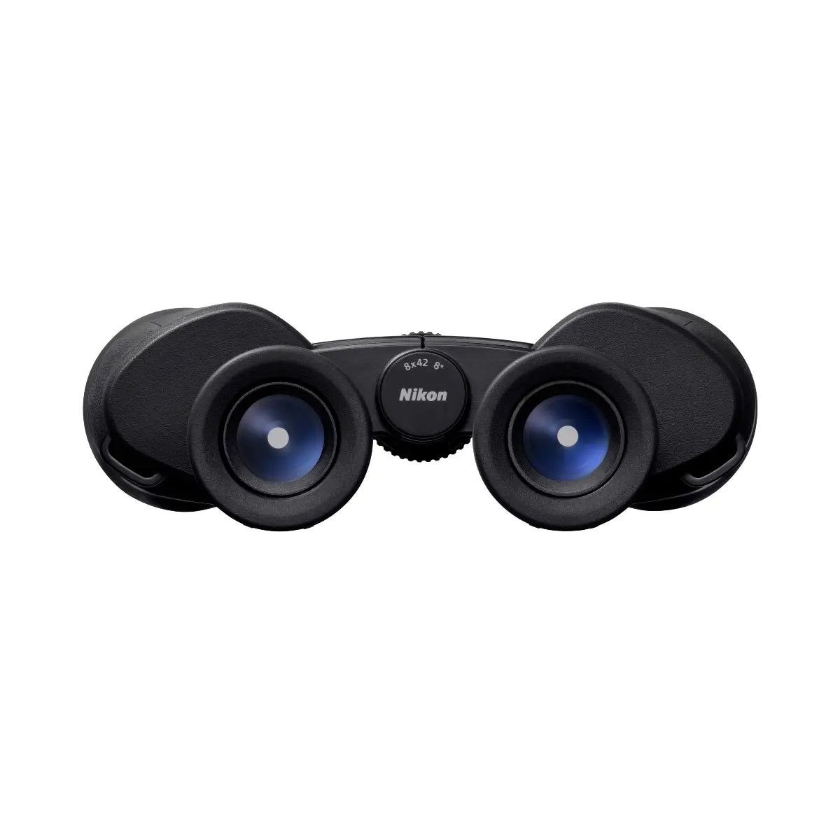 Black binoculars with blue lenses on a white background, featuring the Nikon brand.
