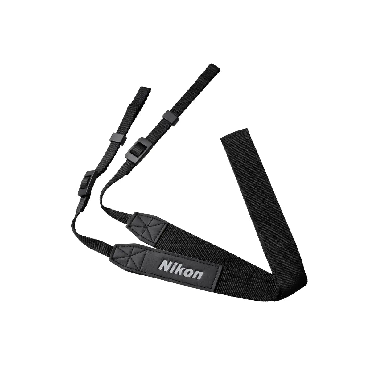 Black Nikon camera strap on a white background