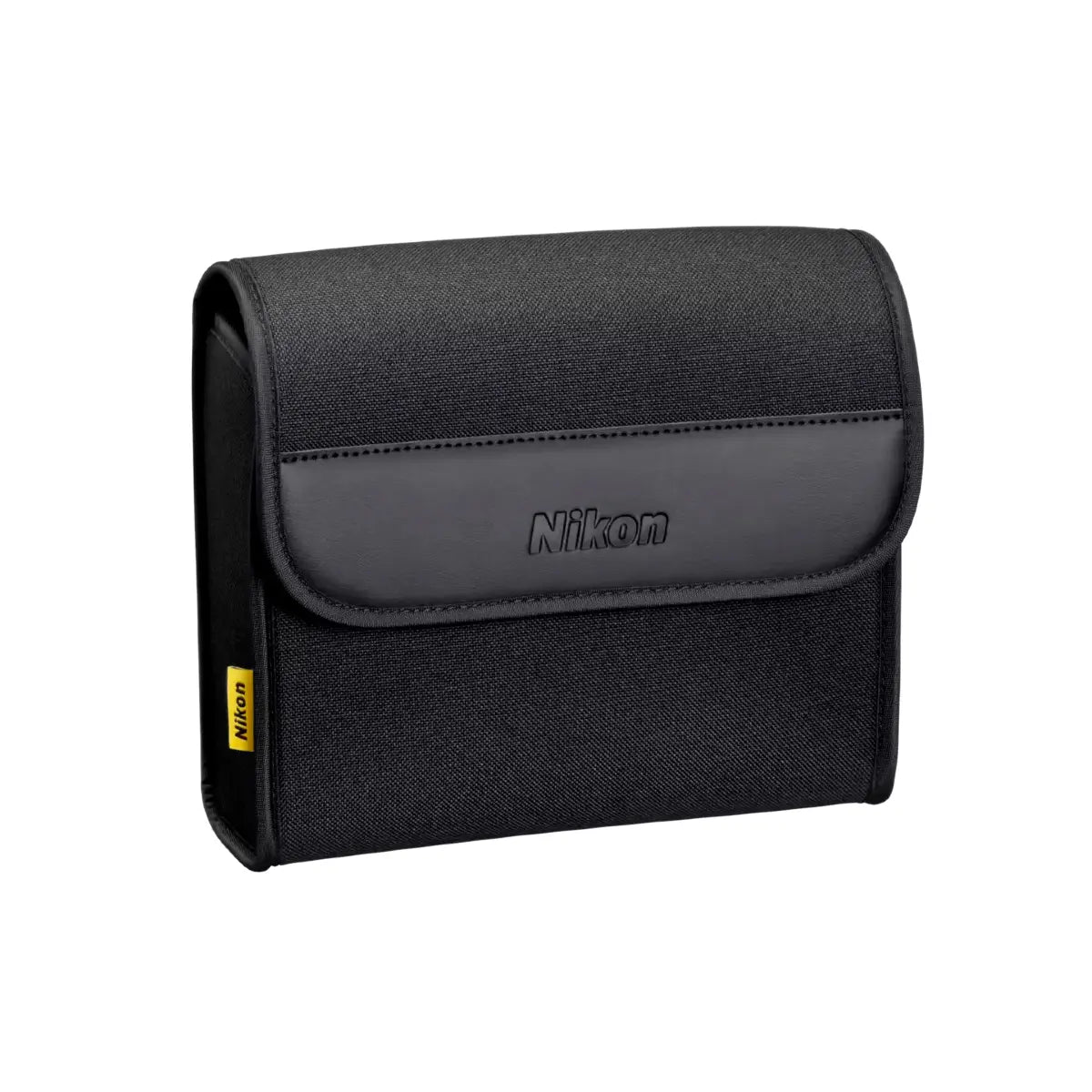 Black Nikon camera case on a white background