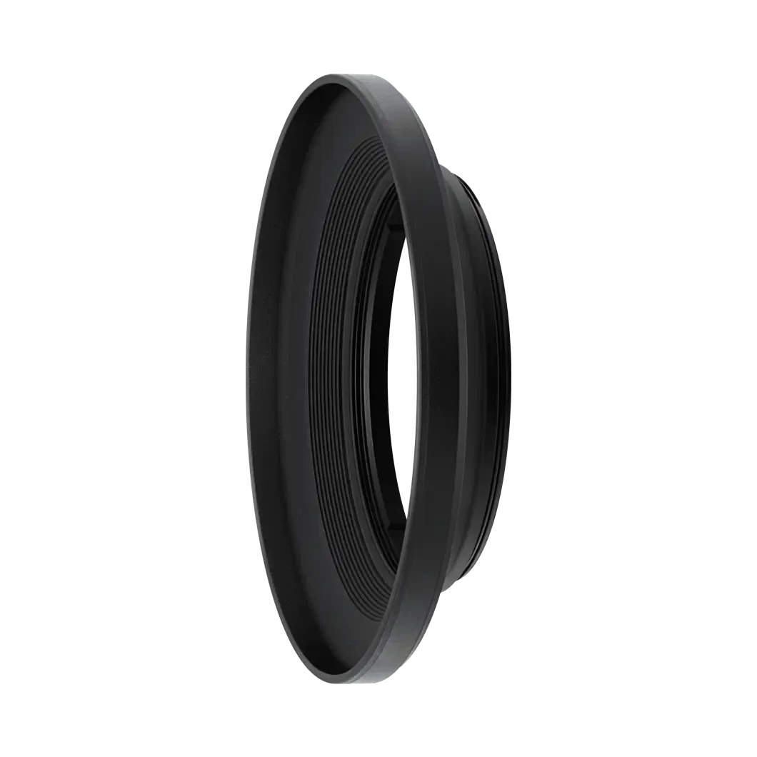 Black camera lens hood on a white background