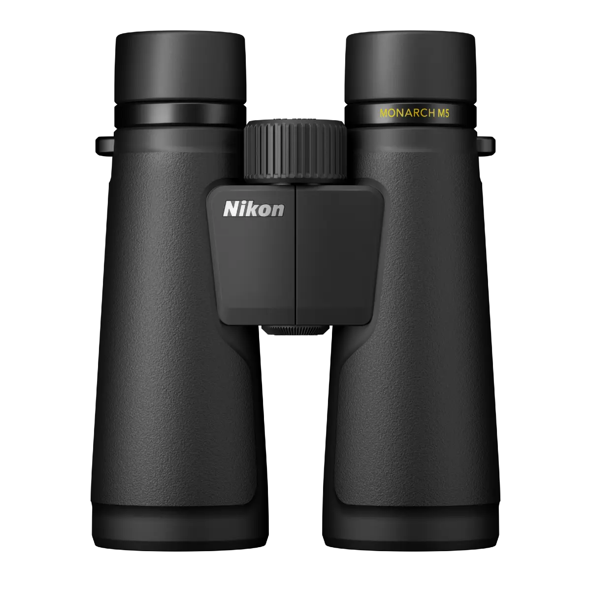Black Nikon binoculars on a white background