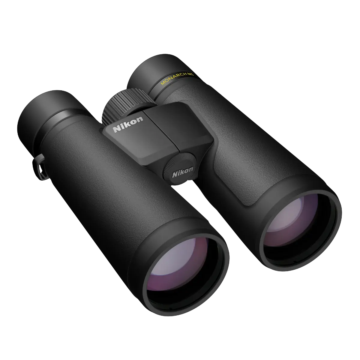 Black Nikon binoculars on a white background