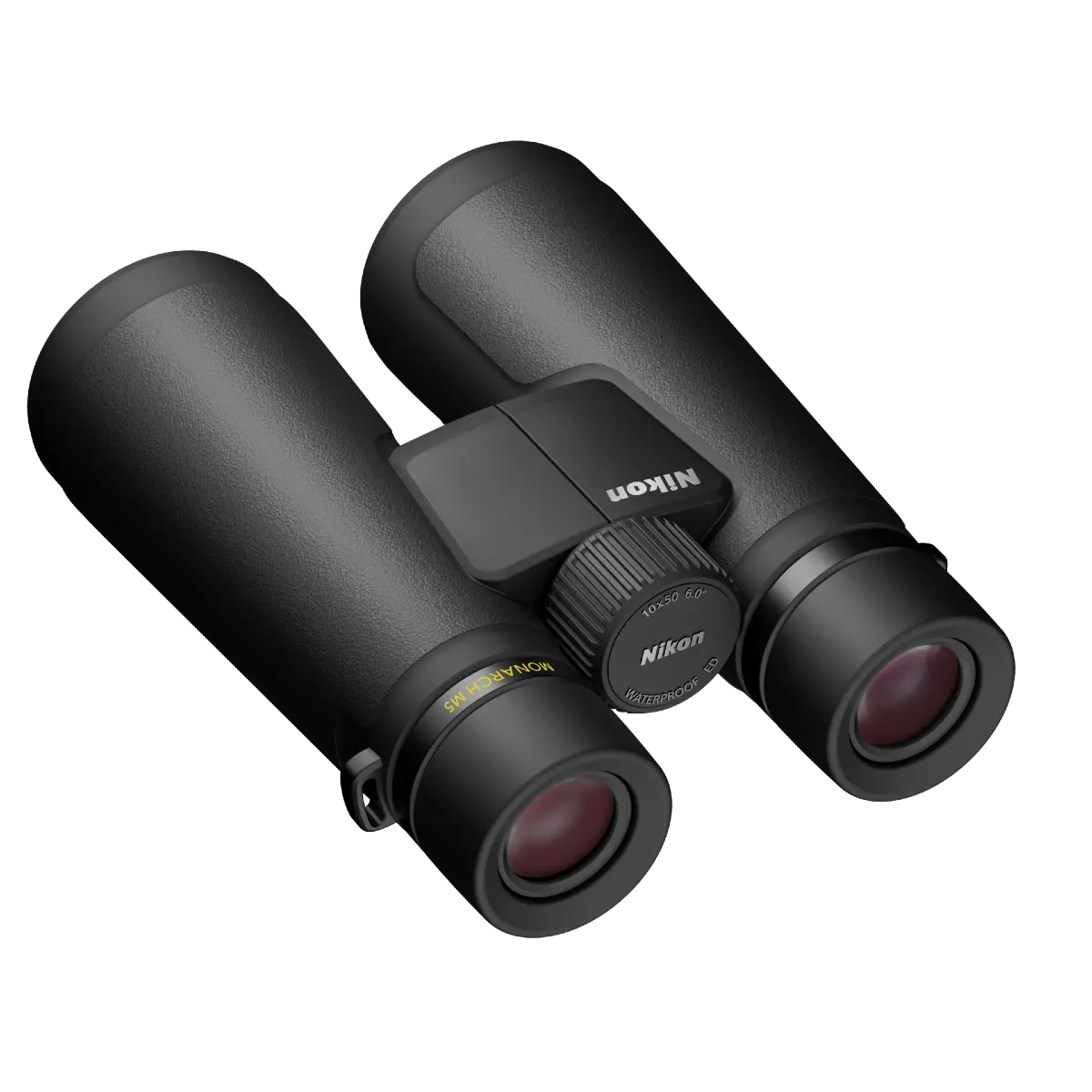 Black Nikon binoculars on a white background