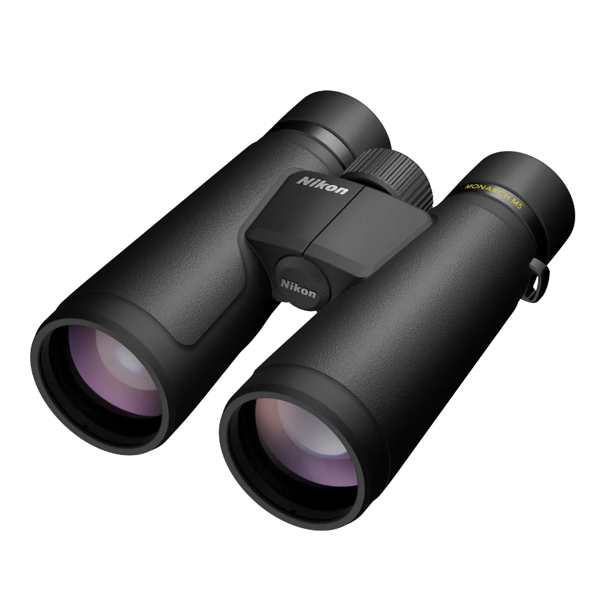 Black Nikon binoculars on a white background