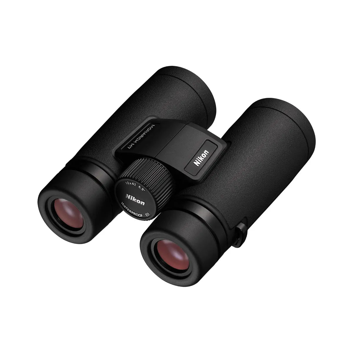 Black Nikon binoculars on a white background