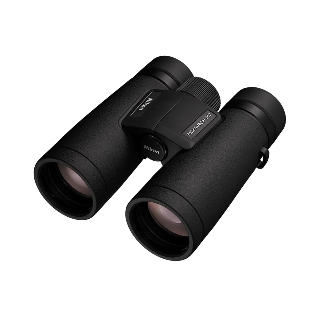 Black Nikon binoculars on a white background