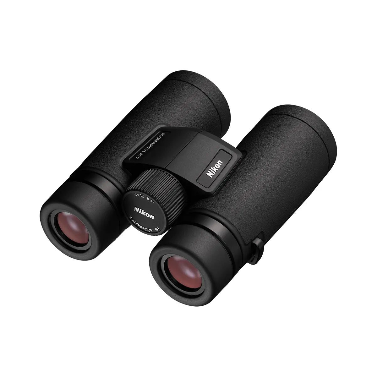 Black Nikon binoculars on a white background