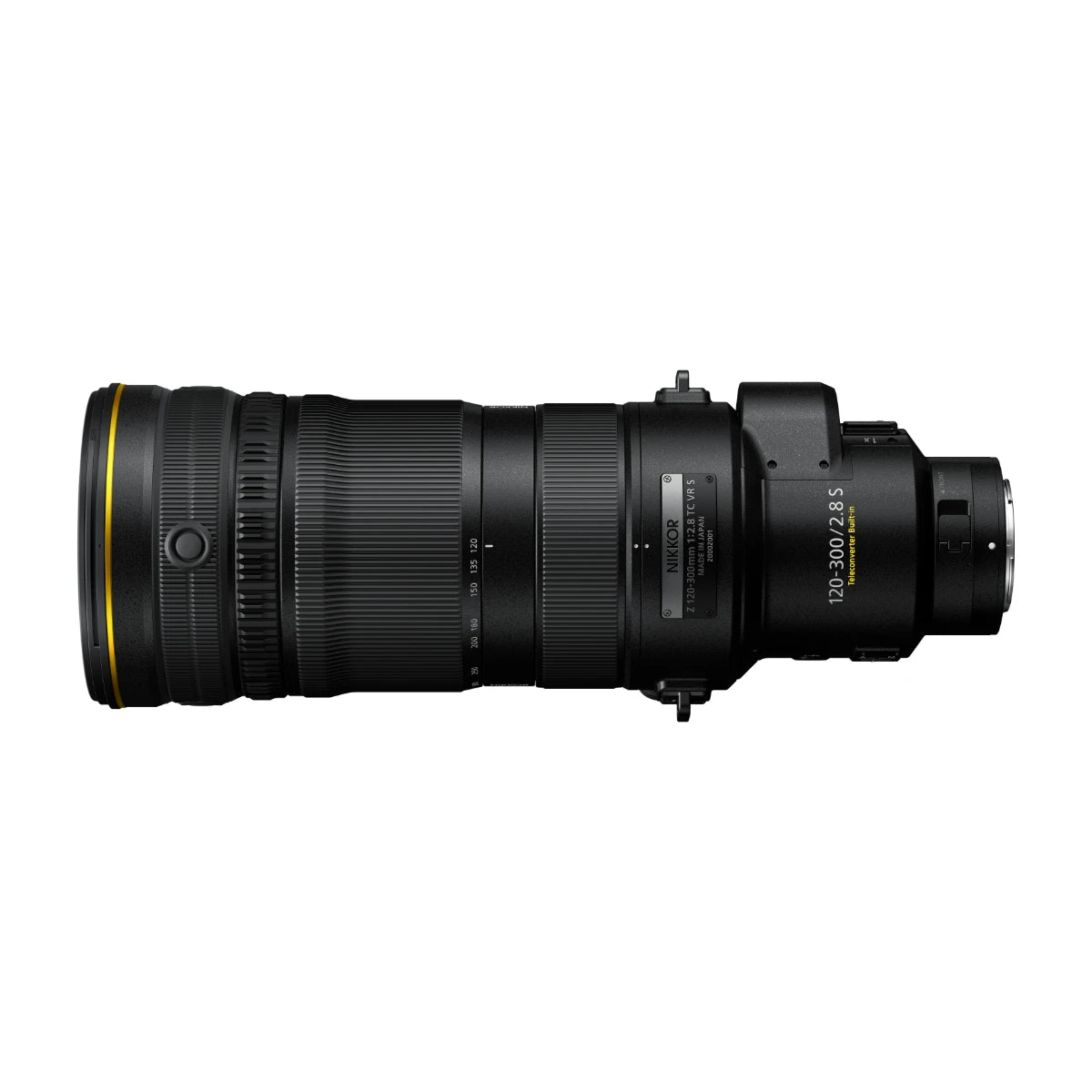 A Nikon 120-300mm F2.8 telephoto lens in black with a distinctive yellow ring accent near the front, shown from a side profile on a solid white background.