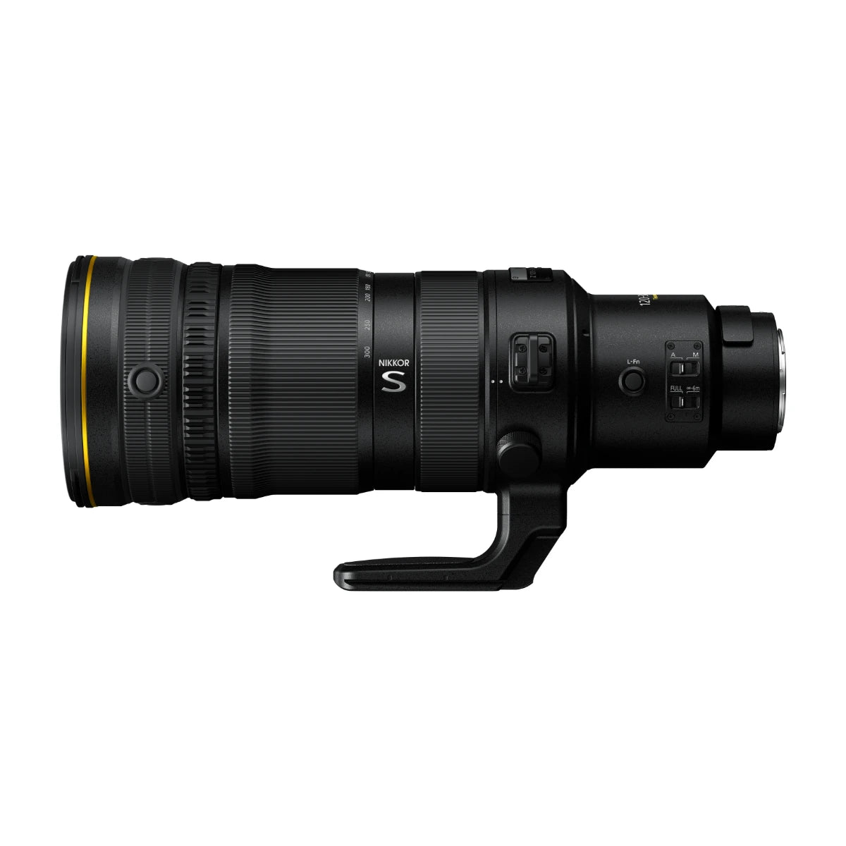 A Nikon Z 120-300mm telephoto lens in black with a yellow accent ring, shown from the side against a solid white background.