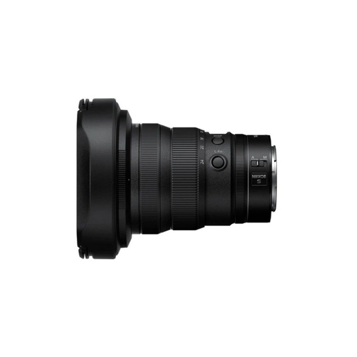 Nikon mirrorless camera lens with a black protective front hood, shown from the side against a solid white background.