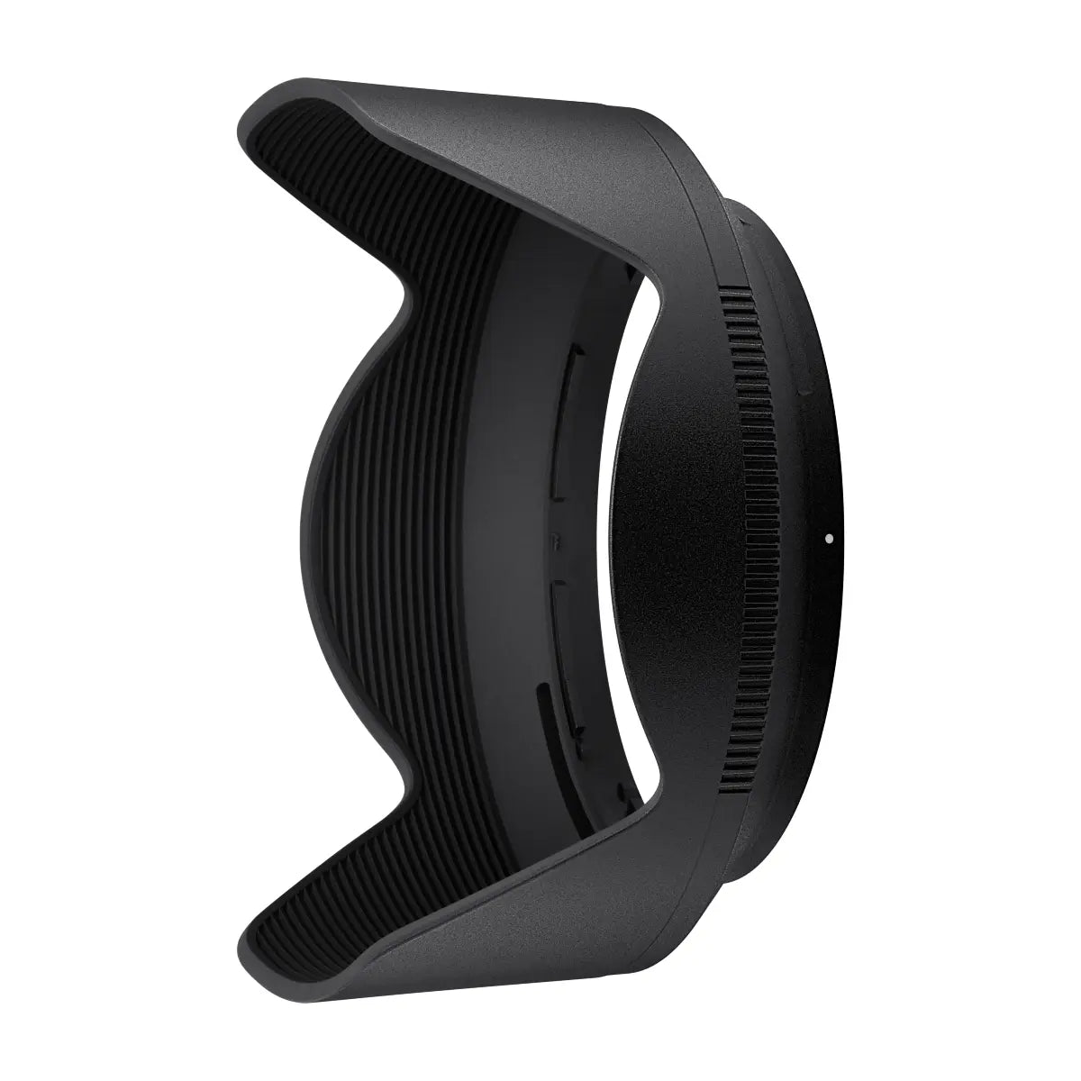 Black camera lens hood on a white background