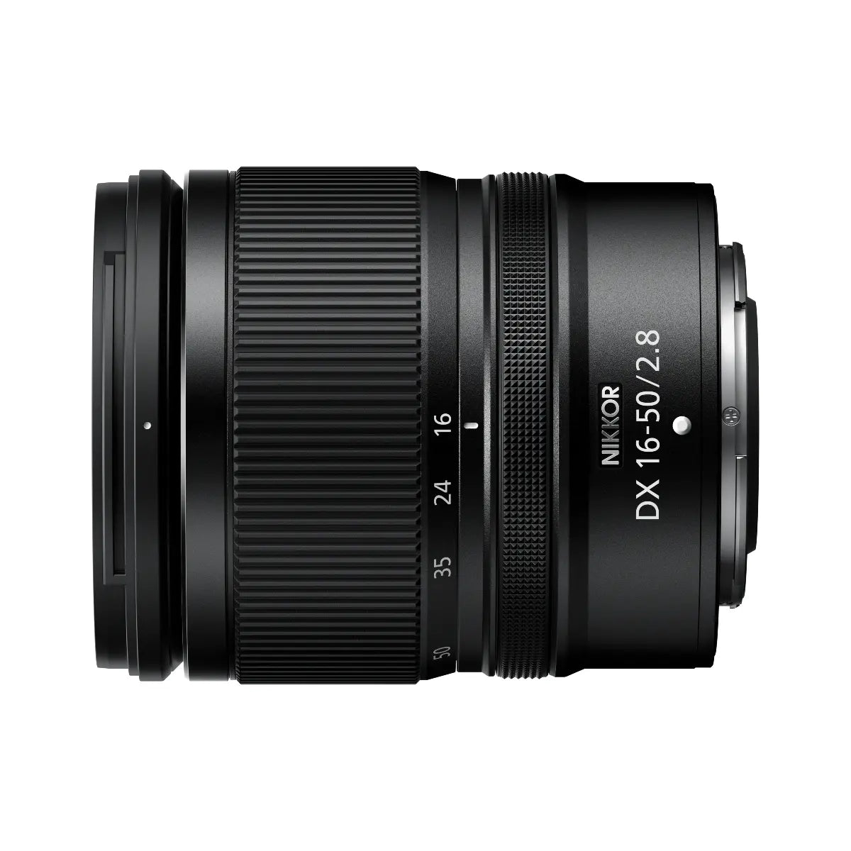 Black Nikon camera lens on a white background