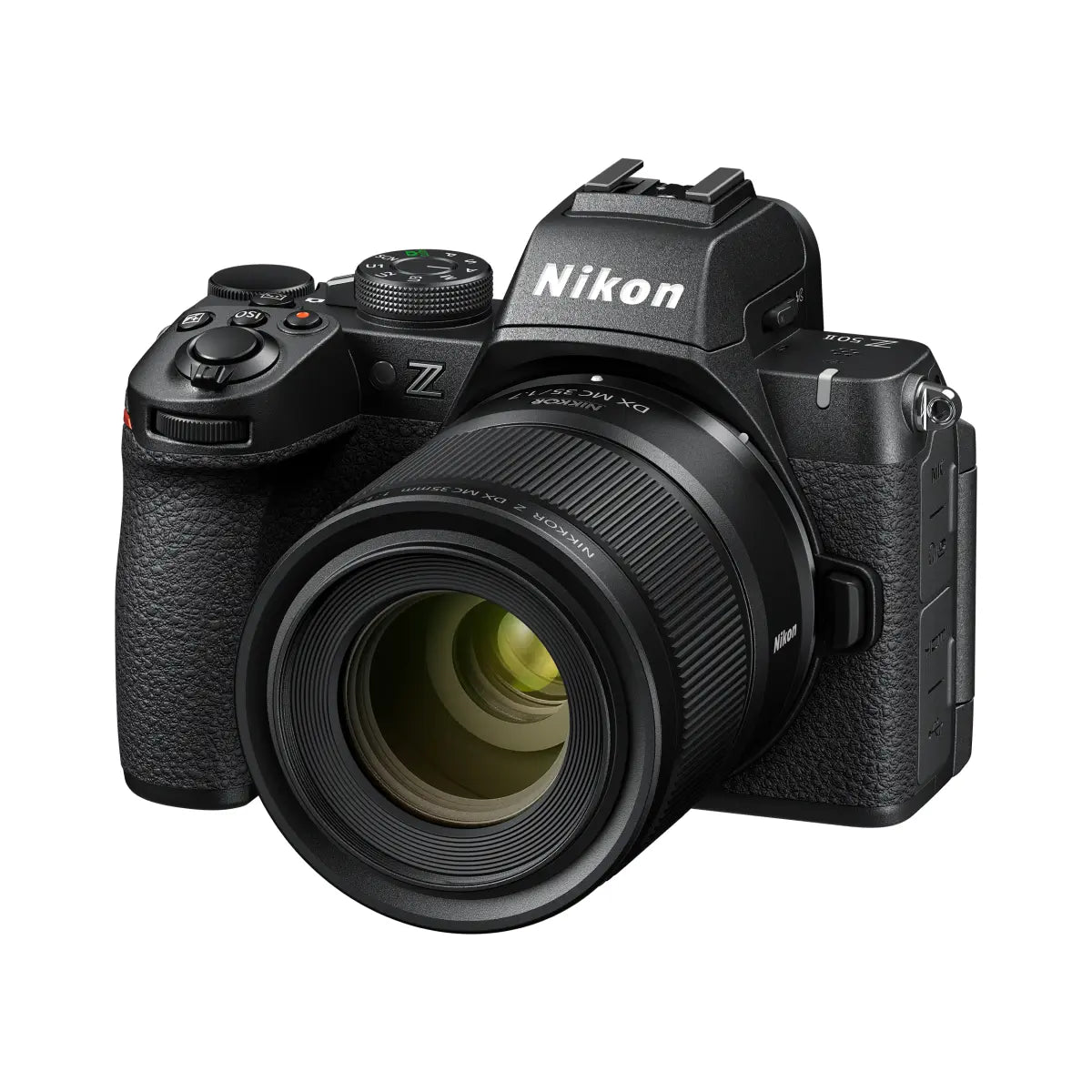 Black Nikon camera on a white background
