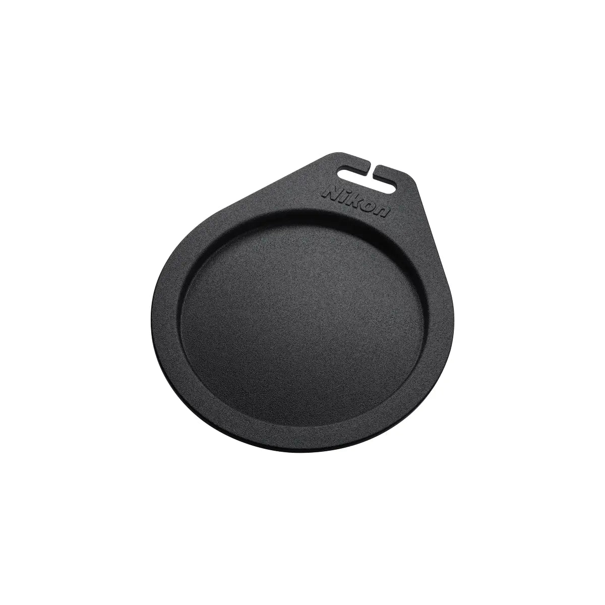 Black camera lens cover with Nikon branding on a white background