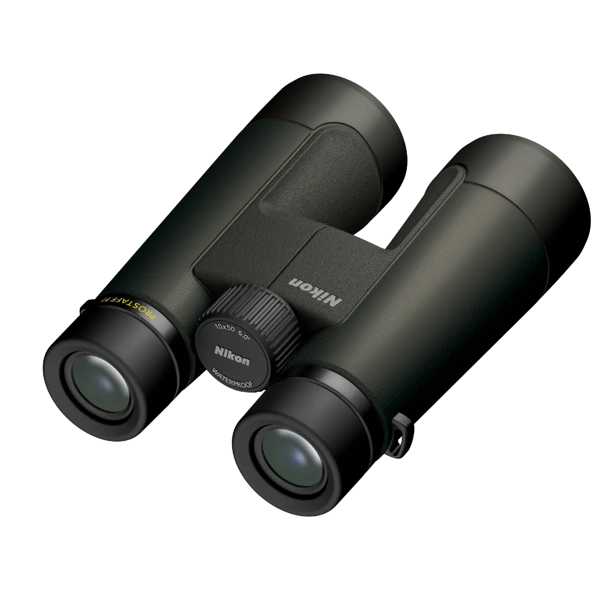 Black Nikon binoculars on a white background