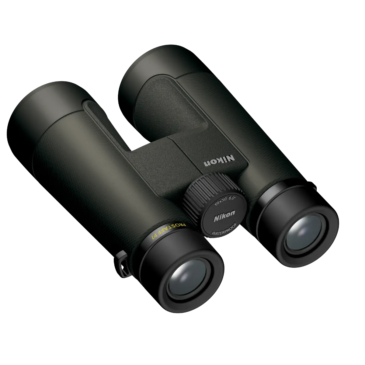 Black Nikon binoculars on a white background