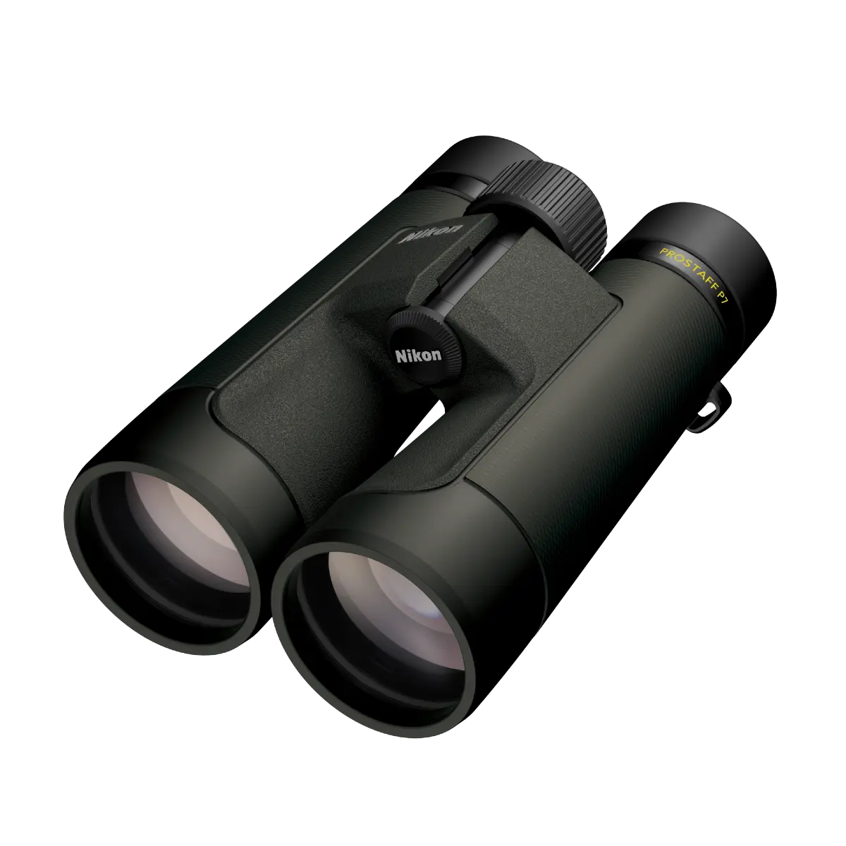 Black Nikon binoculars on a white background