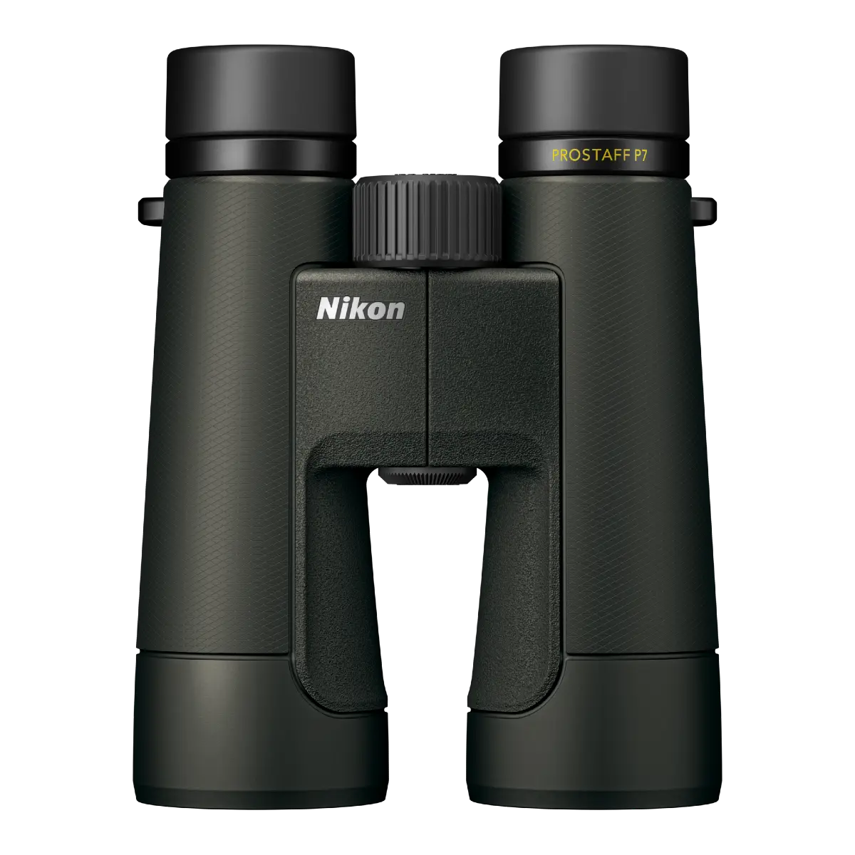 Black Nikon binoculars on a white background