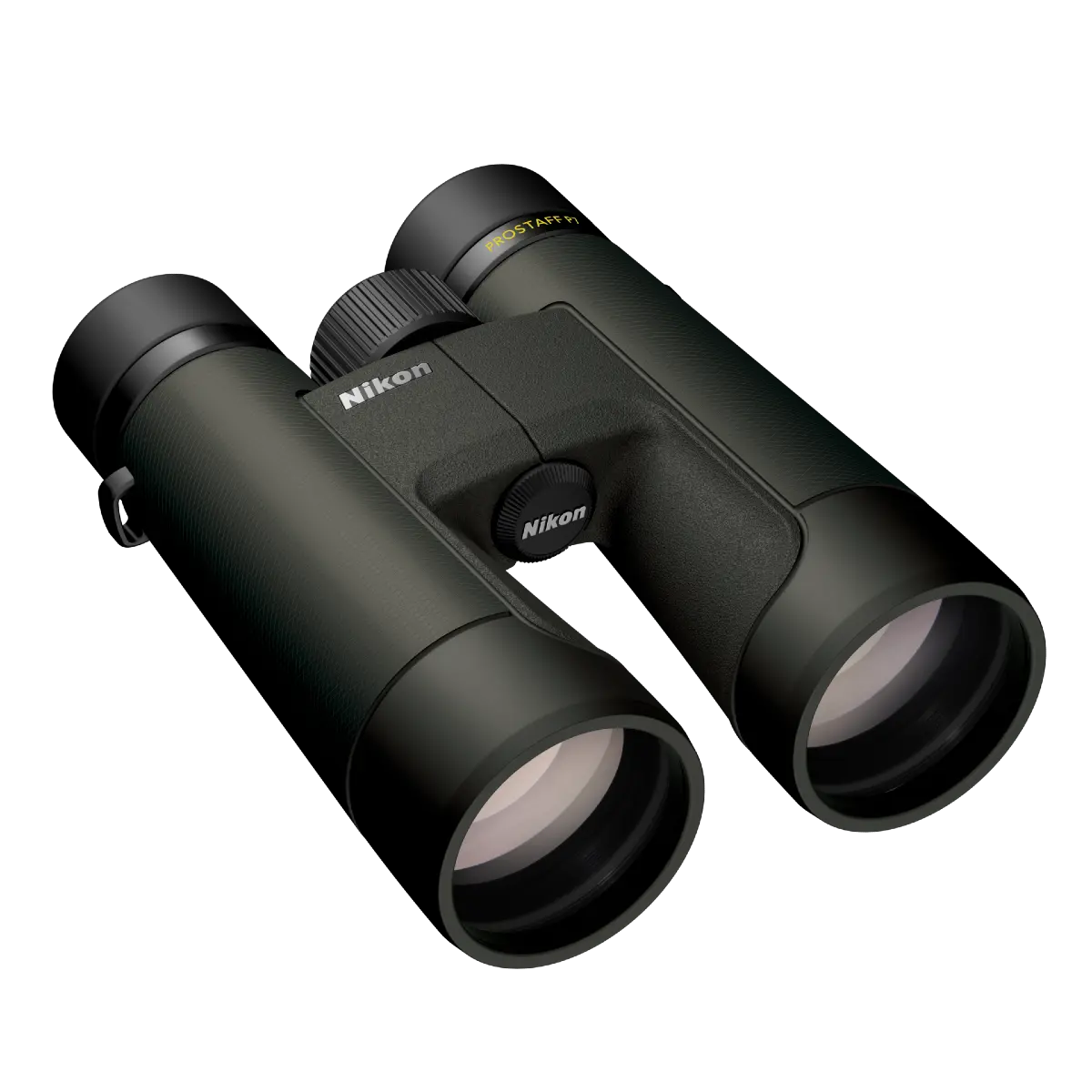 Black Nikon binoculars on a white background