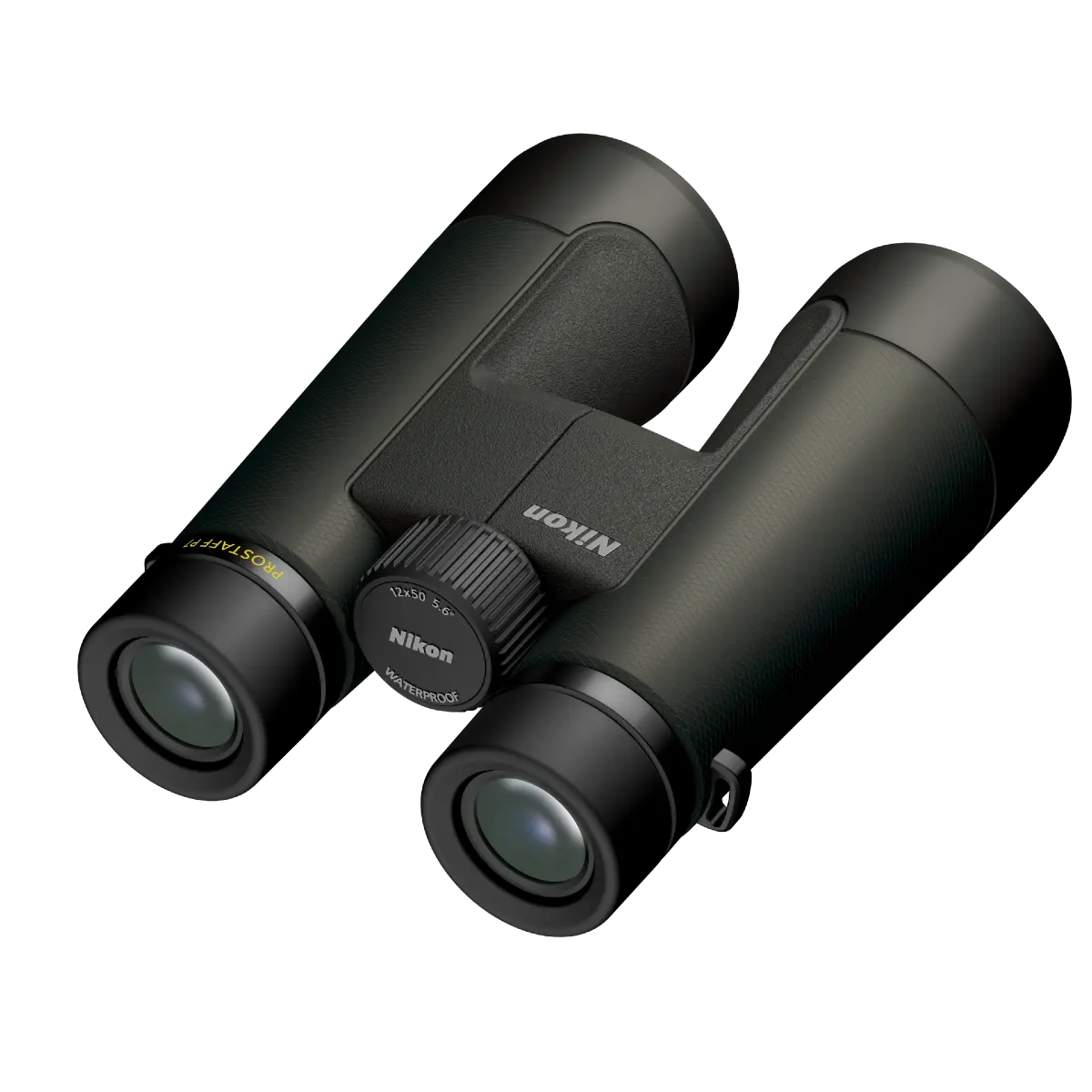 Black Nikon binoculars on a white background
