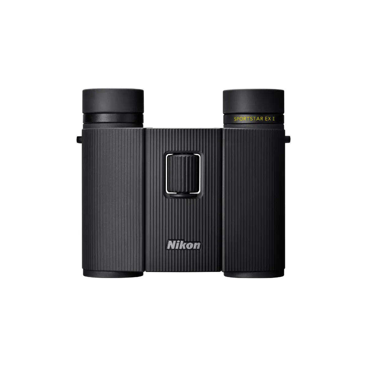 Black Nikon binoculars on a white background