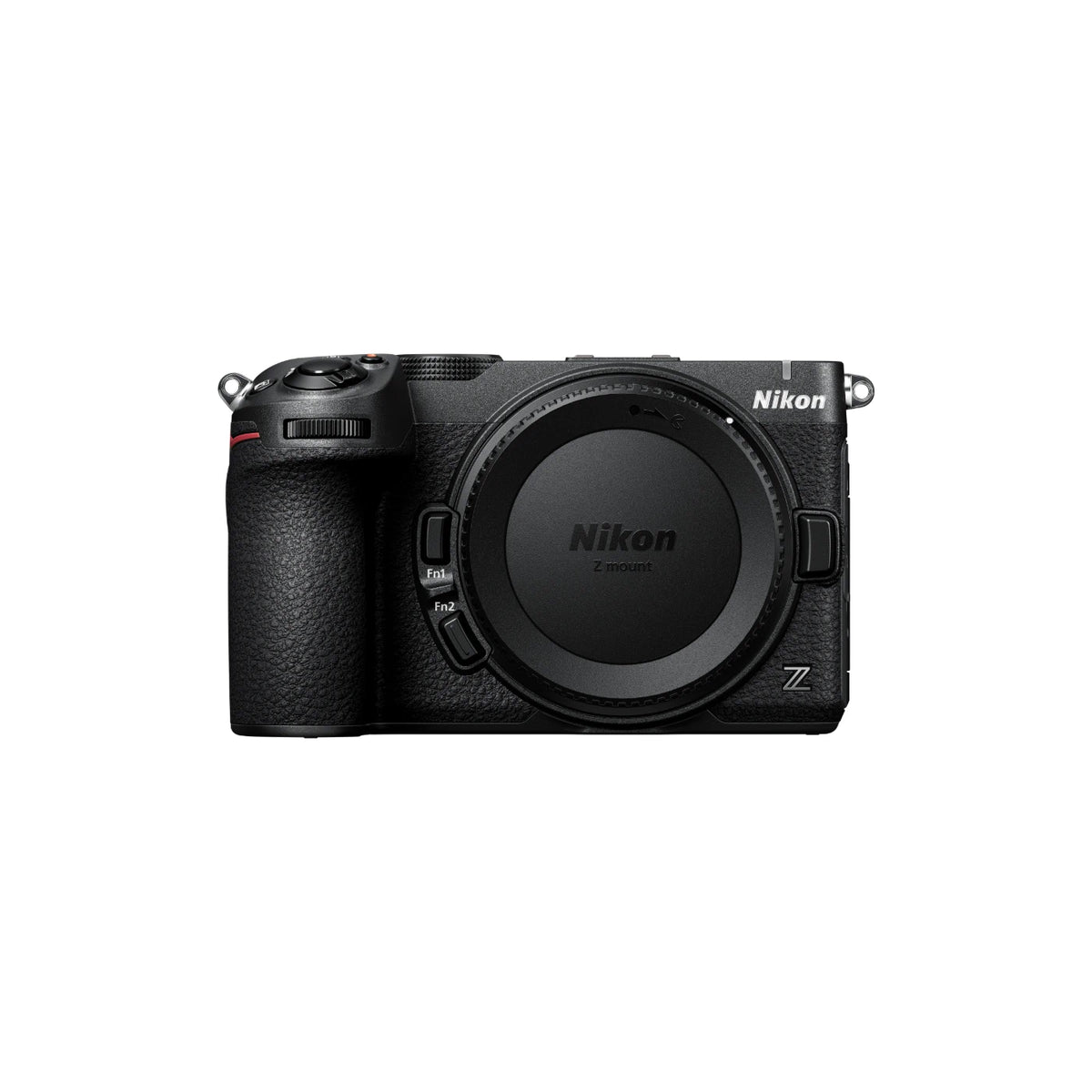 Nikon Z mirrorless camera body in black, shown from the front with the lens removed and the Nikon logo visible on the lens protector, against a plain white background.