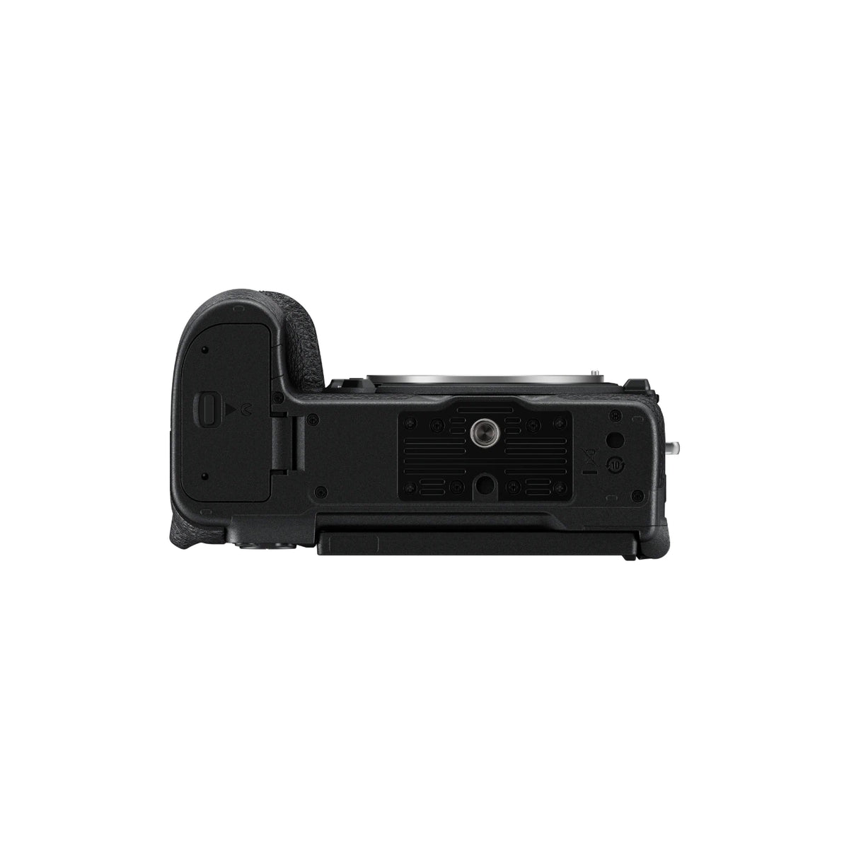 A black DSLR camera body with an attached grip, shown from a top-down perspective against a solid white background.