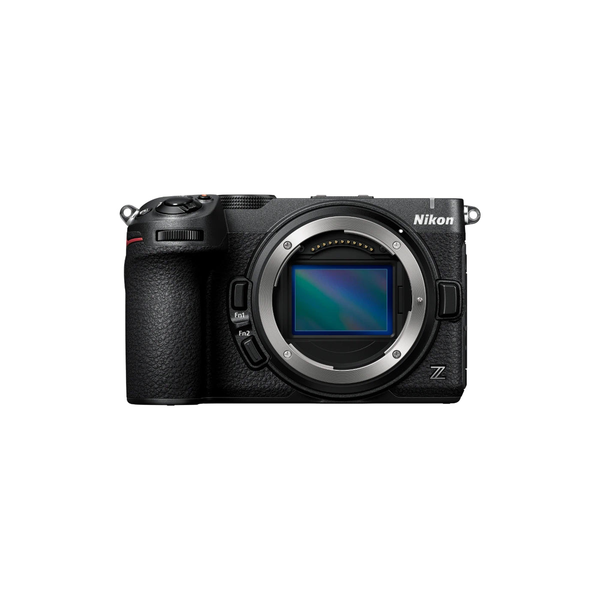 A Nikon mirrorless camera body, specifically the Z series, shown from the front on a solid white background. The camera is black with a textured grip, a silver ring around the lens mount, and the Nikon logo on the top right.