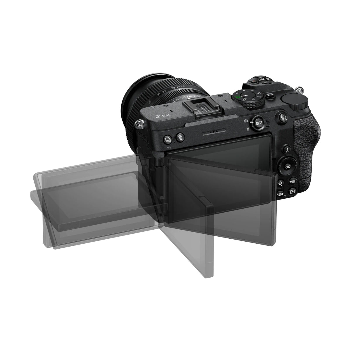 A black mirrorless camera with a lens attached, shown from the back with the flip-out screen extended. A semi-transparent layered overlay is visible in front of the camera, likely indicating a screen protector or accessory.