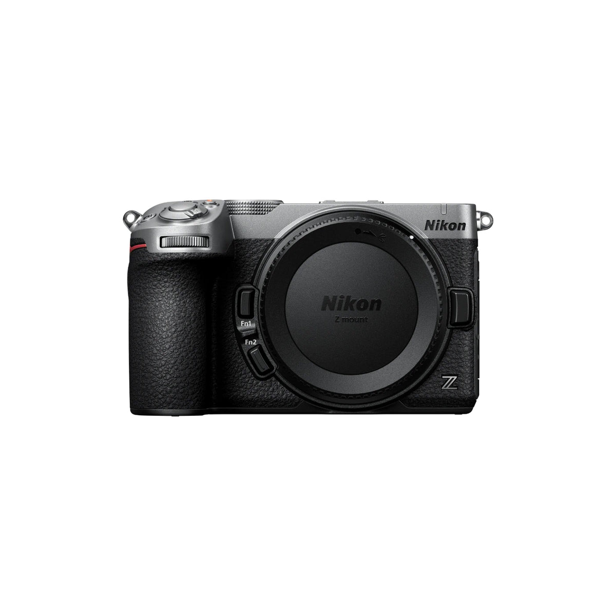 Nikon Z series mirrorless camera body in silver and black, shown from the front with the lens removed and the camera lens cap on, against a plain white background.