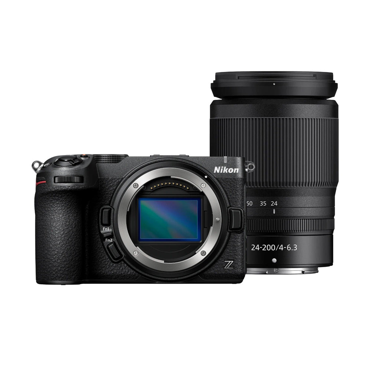 Nikon Z series mirrorless camera body shown in front with a 24-200mm f/4-6.3 VR lens behind it on a plain white background.