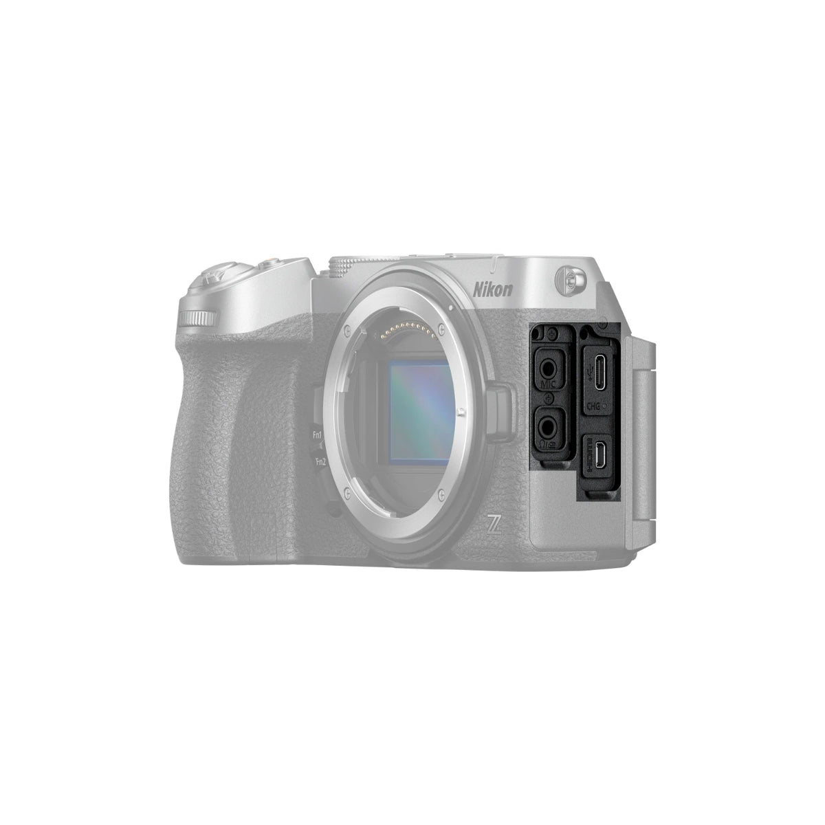 A silver Nikon mirrorless camera body shown from the side on a plain white background, with the lens removed and port connectors visible on the right side.