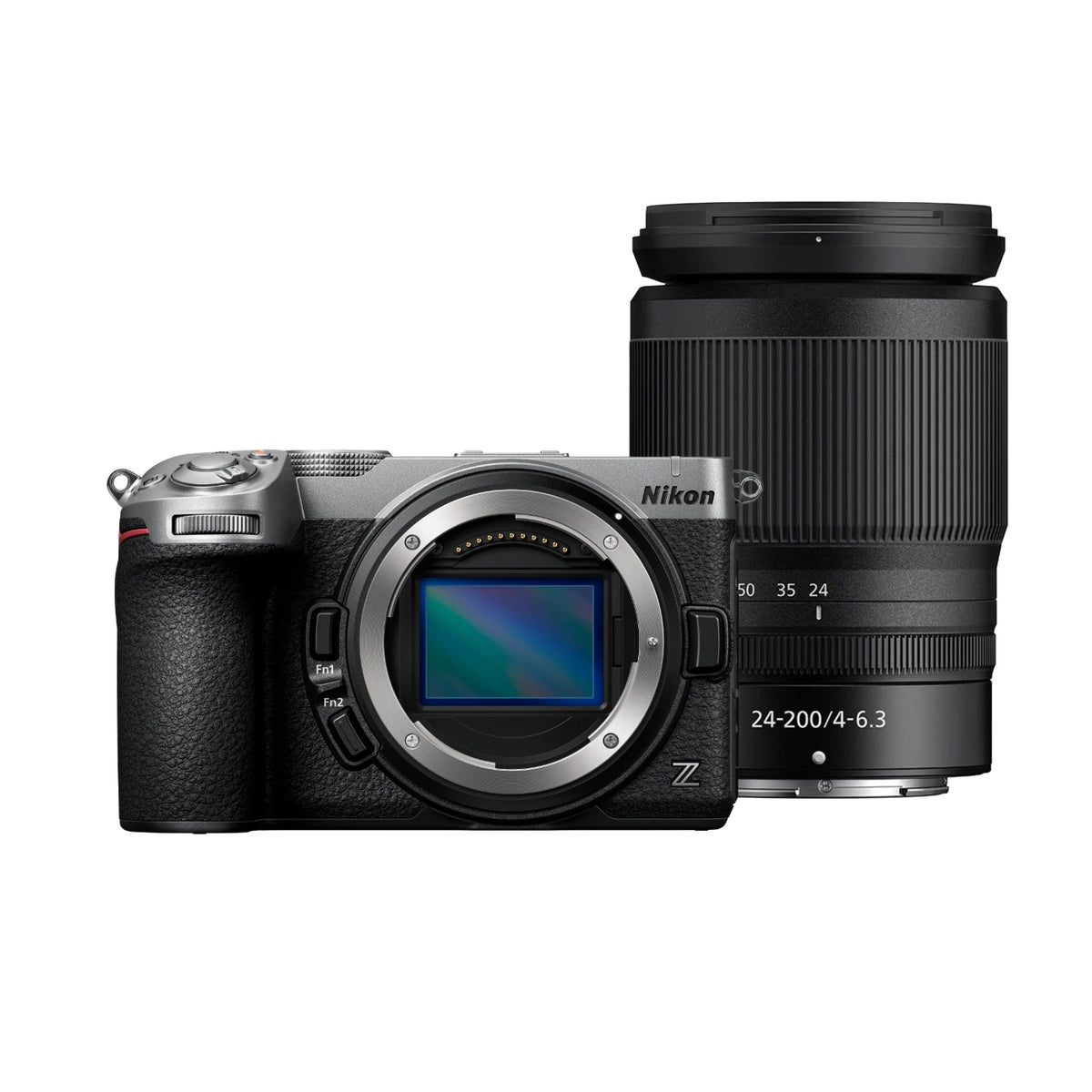 Nikon Z5IIC mirrorless camera body in silver and black shown in front of a matching Nikon Z 24-200mm f/4-6.3 VR lens on a clean white background.