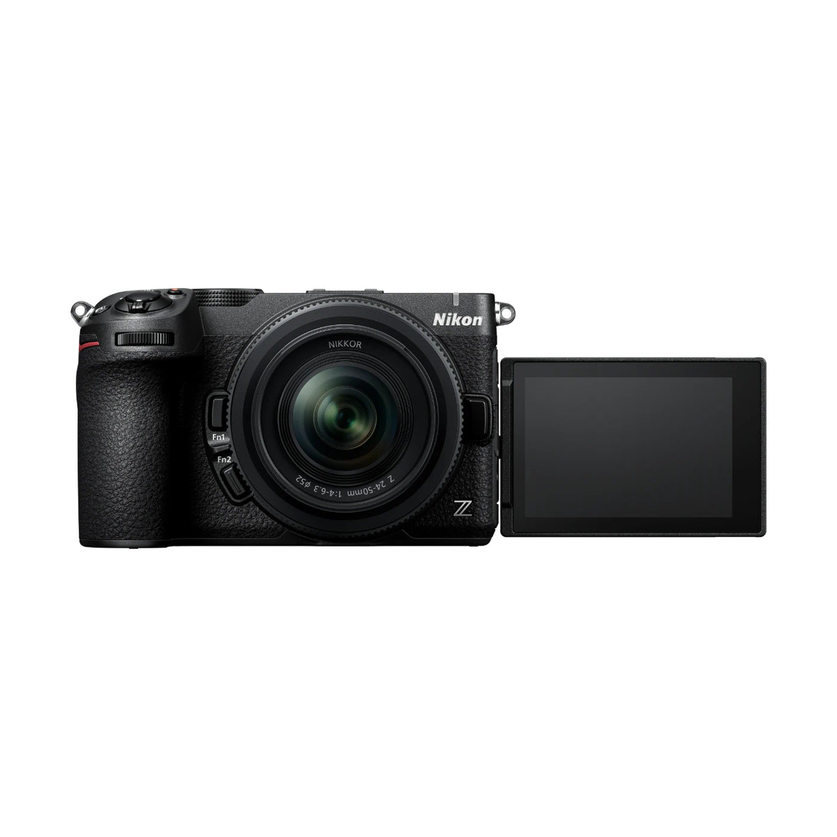 A black Nikon mirrorless camera with an attached zoom lens and a detached flip-out screen, shown against a plain white background.