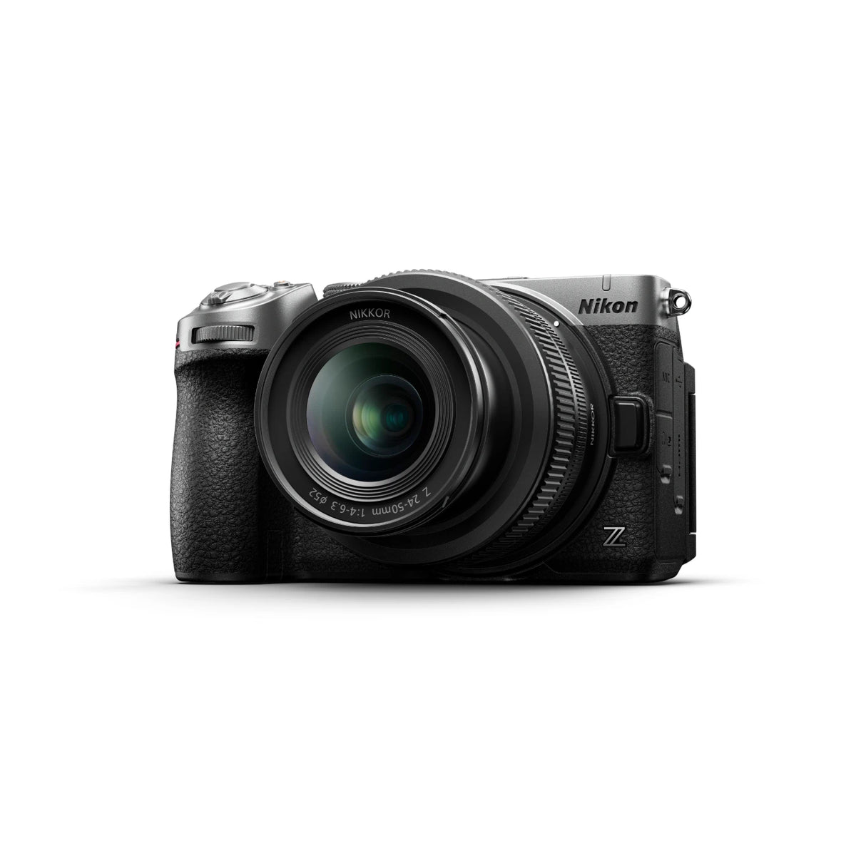 Nikon Z 24-50mm VR lens camera body in silver and black, shown from the front on a white background.
