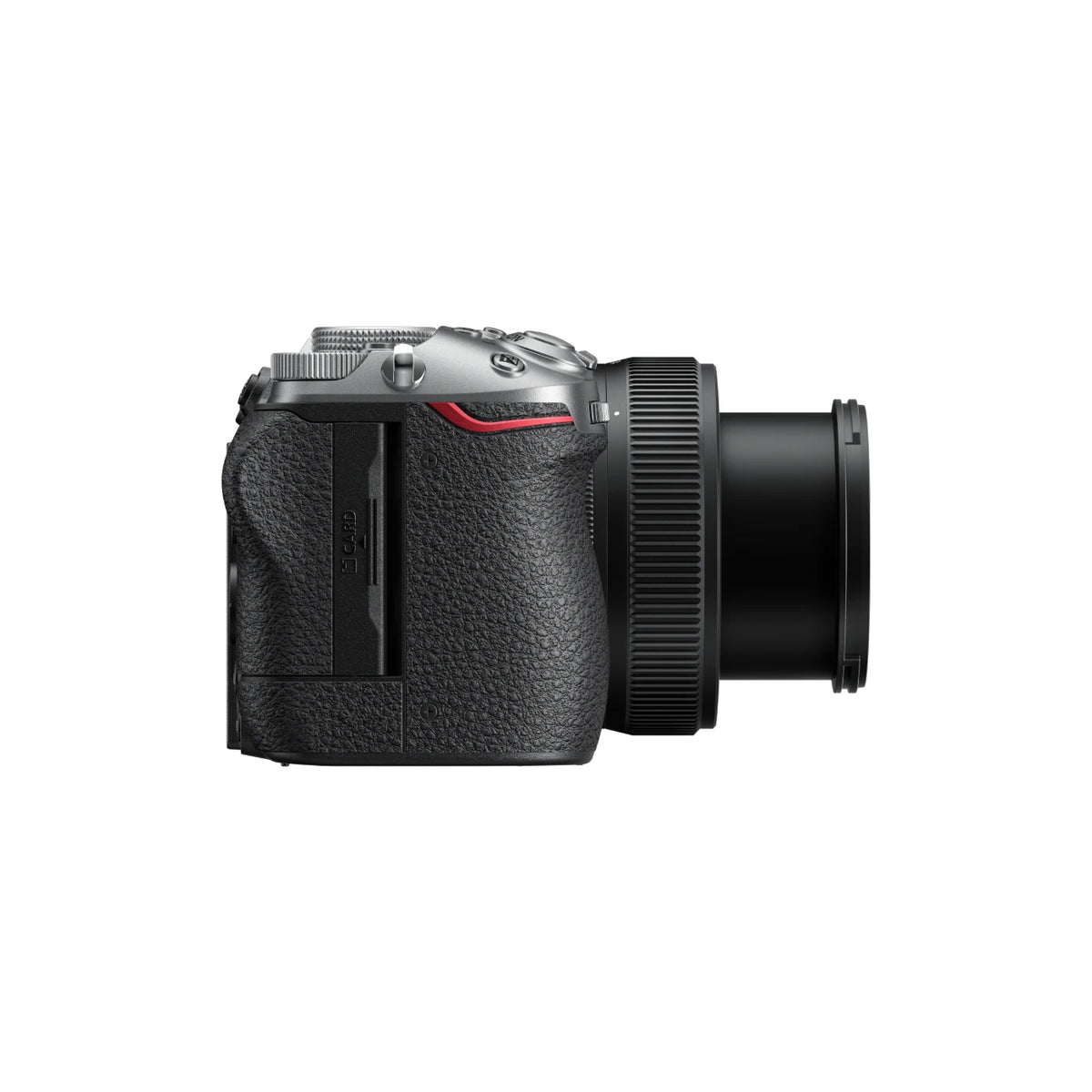A Sony mirrorless camera with a black lens attached, shown from a side profile view against a solid white background.