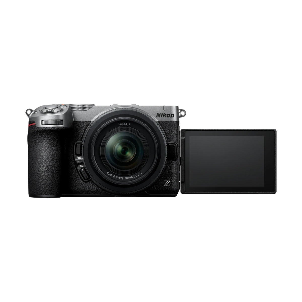 Nikon Z 24-50mm zoom lens with a silver and black mirrorless camera body and an attached flip-out screen, shown against a plain white background.