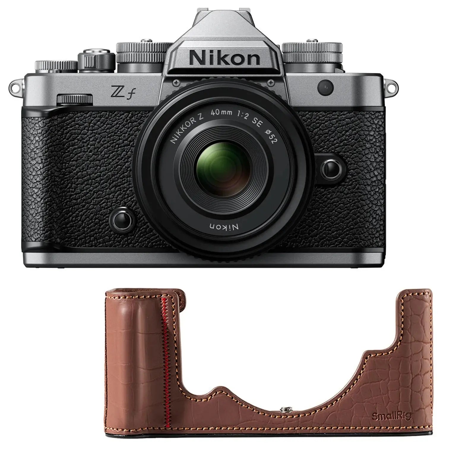 Nikon camera with a brown leather case on a white background